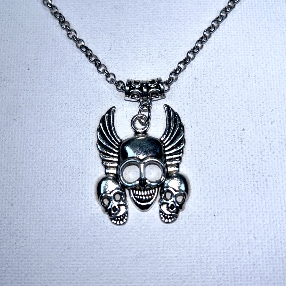 Artisan Handmade 3 Winged Skulls Hypoallergenic Stainless Steel Necklace Boho
